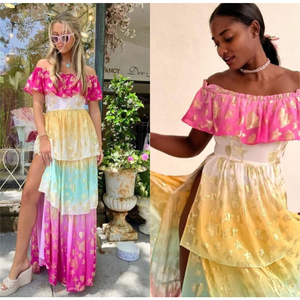 LoveShackFancy Multicolor Metallic Tiered Maxi Dress Pink Gold Stars NWT Size 8